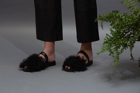 GOYA Black Curly Goat Slide Modern sandals made in Spain